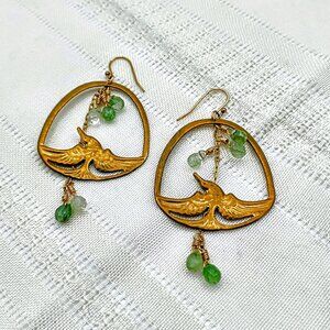 14k gold filled hummingbird earrings with green faceted beads, dangle